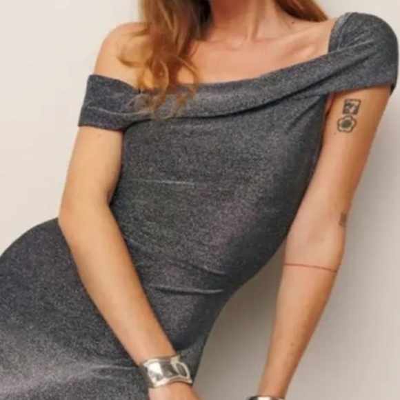 Reformation Jamen Knit Silver Metallic Sparkly Midi Dress Size Medium - Picture 5 of 15